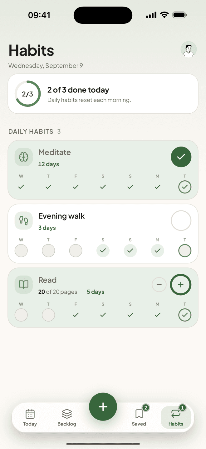 The Taski habits screen with streaks and gentle week strips