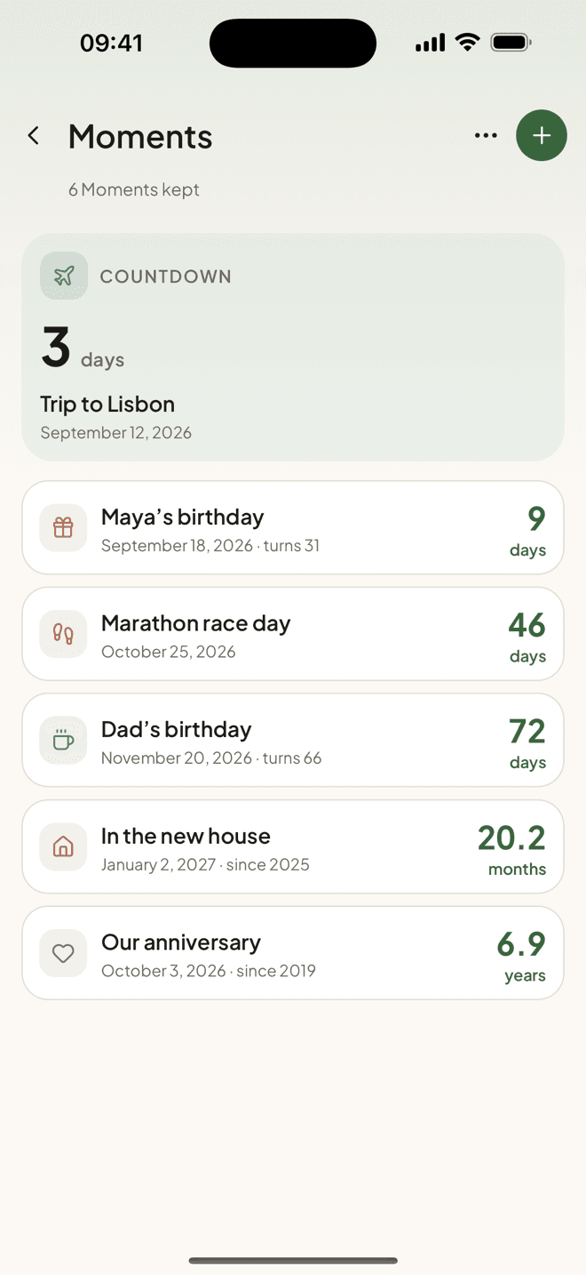The Taski Moments screen with a pinned countdown and upcoming dates