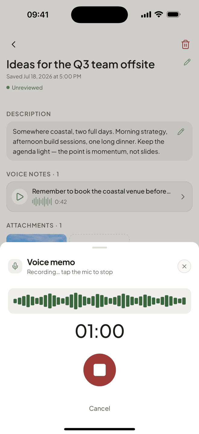 Recording a voice memo into a note
