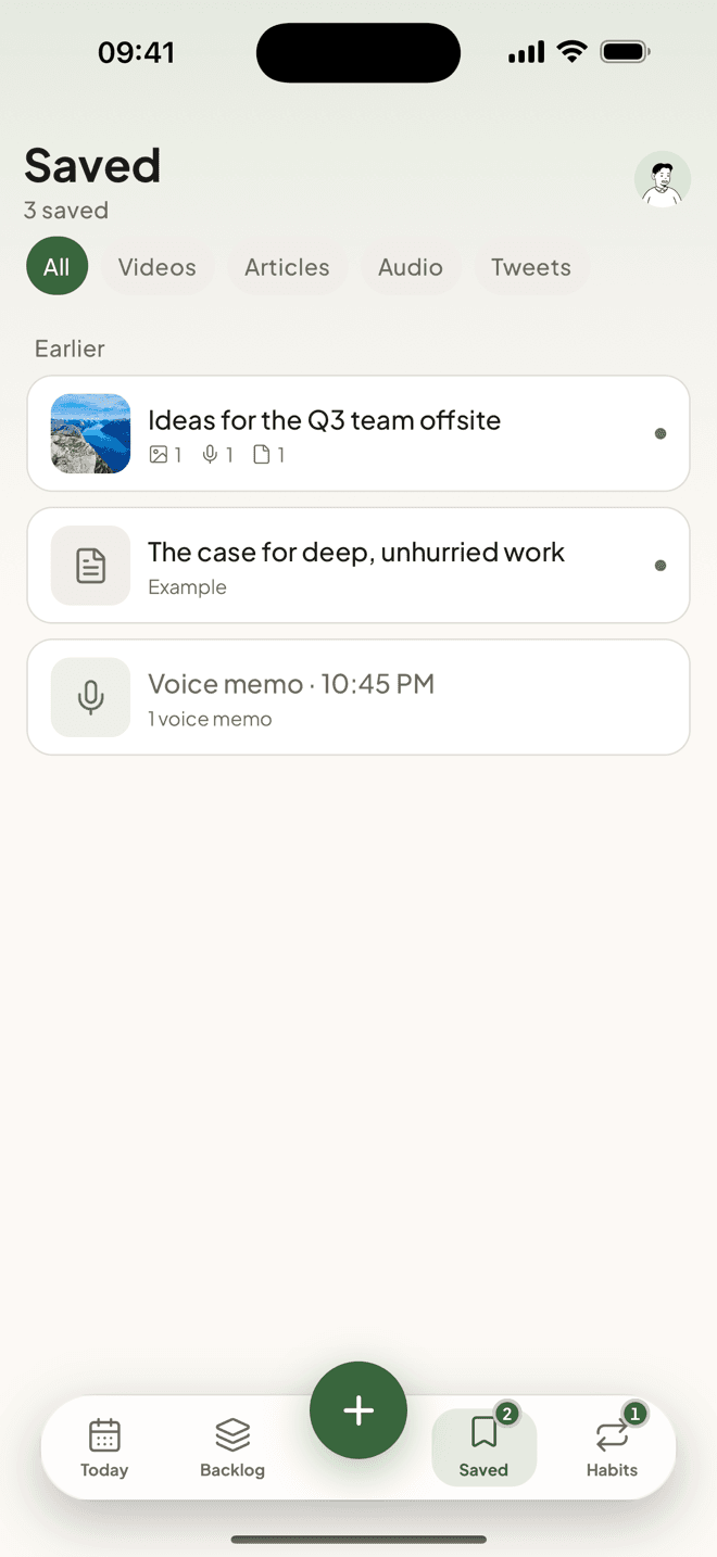 Saved items and notes in Taski