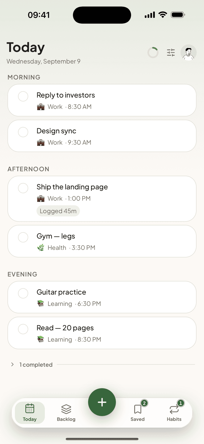 The Taski day view with morning, afternoon, and evening activities