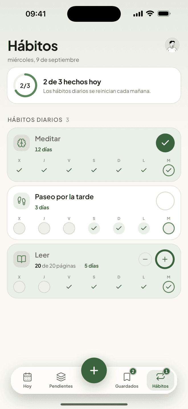 La pantalla de hábitos de Taski con rachas y tiras de semana suaves