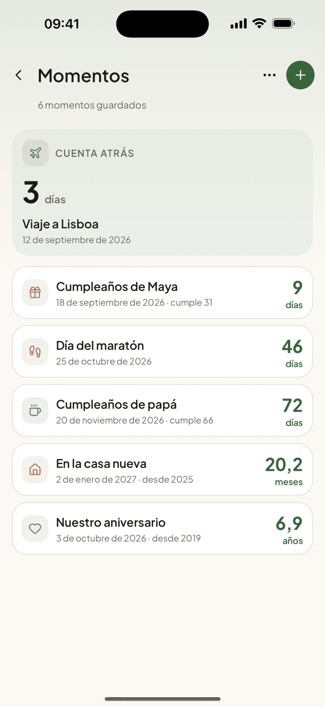La pantalla de Momentos de Taski con una cuenta atrás fijada y fechas próximas
