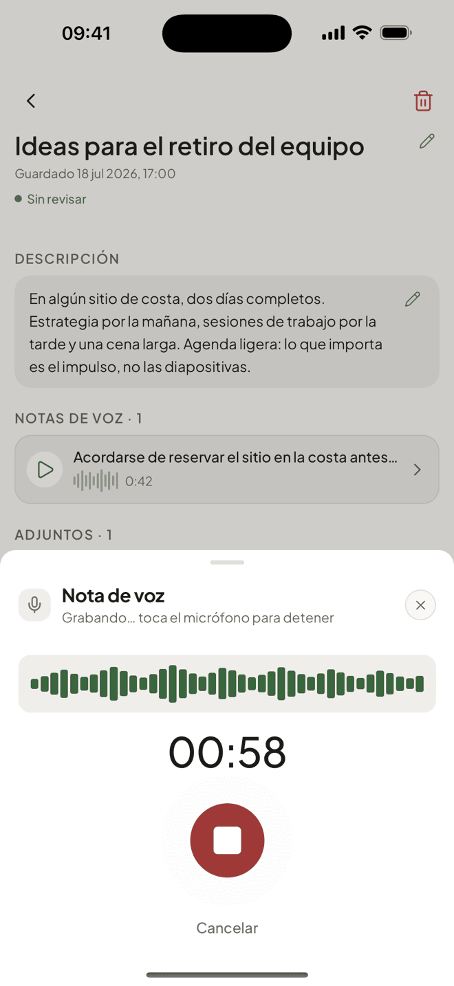 Grabando una nota de voz dentro de una nota