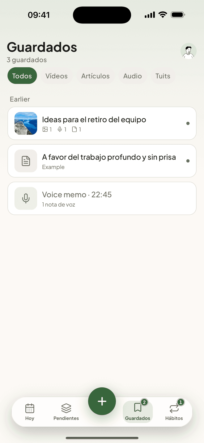 Elementos guardados y notas en Taski