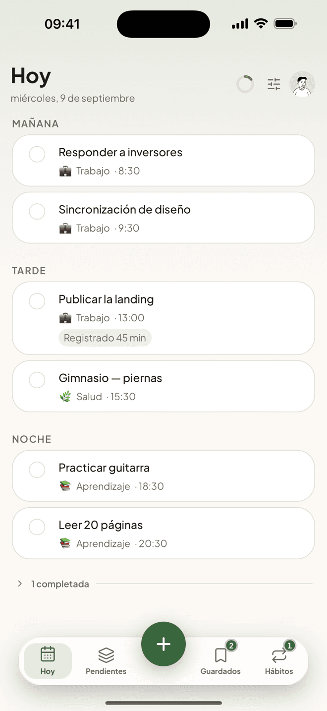 La vista de día de Taski con actividades de mañana, tarde y noche