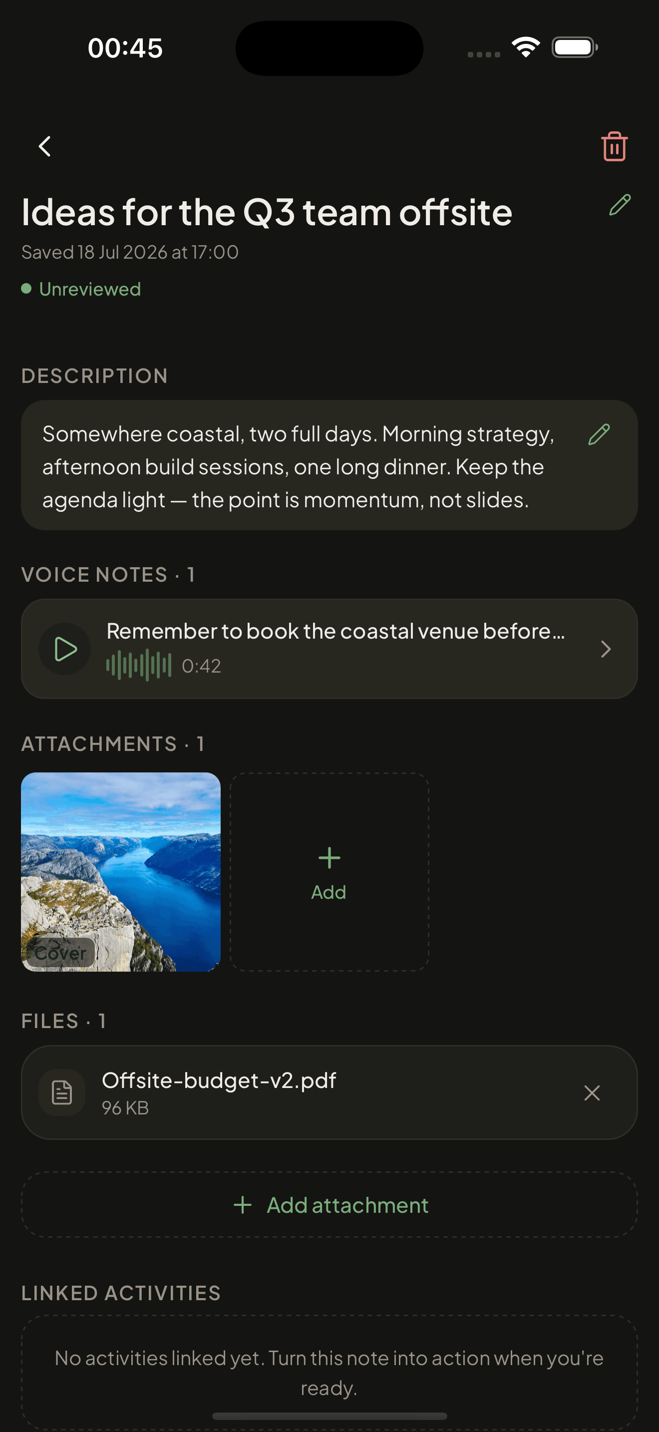 A Taski note with a cover photo, a voice memo, and an attached file