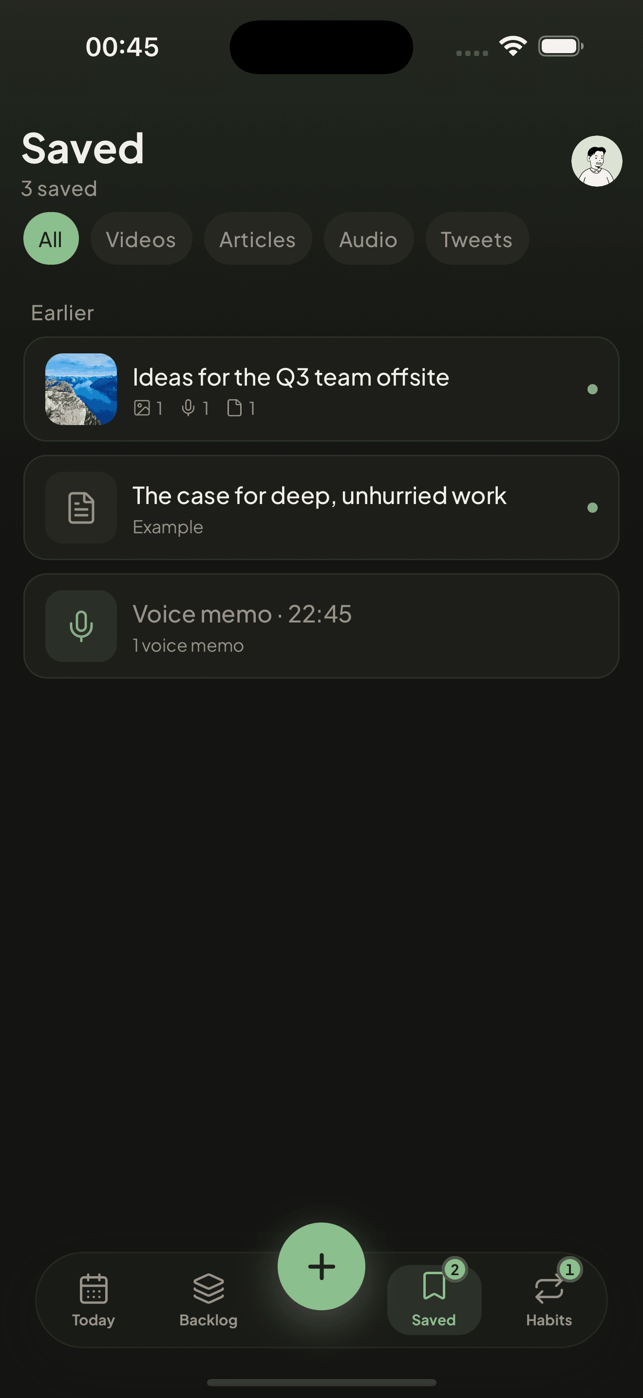 Saved items and notes in Taski