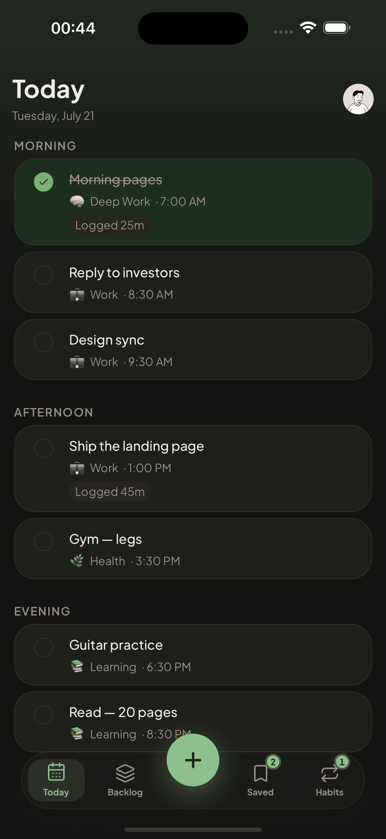 The Taski day view with morning, afternoon, and evening activities
