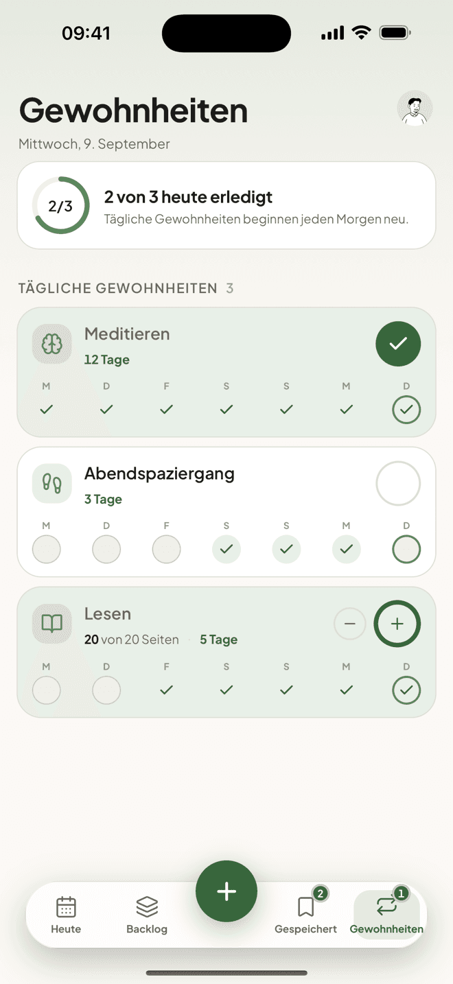 Der Taski-Gewohnheitenbildschirm mit Serien und sanften Wochenstreifen