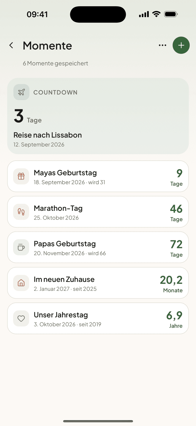 Der Momente-Bildschirm von Taski mit angeheftetem Countdown und kommenden Daten