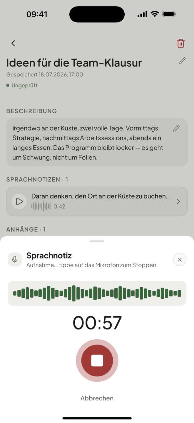 Aufnahme einer Sprachnotiz in eine Notiz