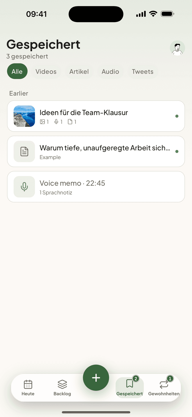 Gespeicherte Elemente und Notizen in Taski