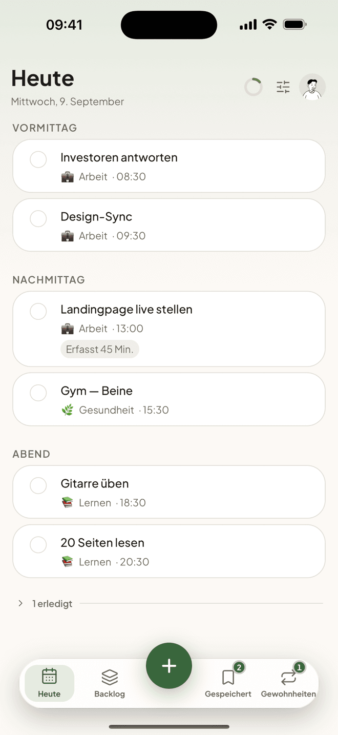 Die Taski-Tagesansicht mit Aktivitäten für Morgen, Mittag und Abend