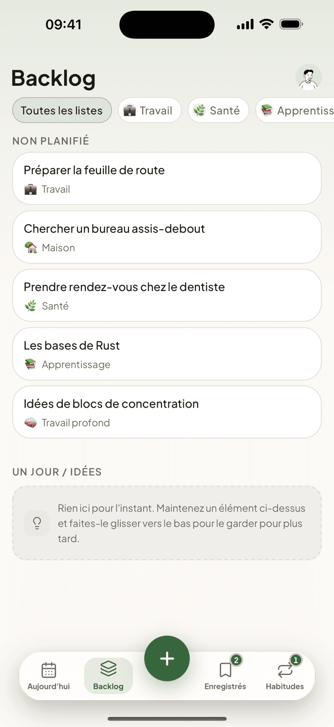 Le backlog d’idées non planifiées de Taski