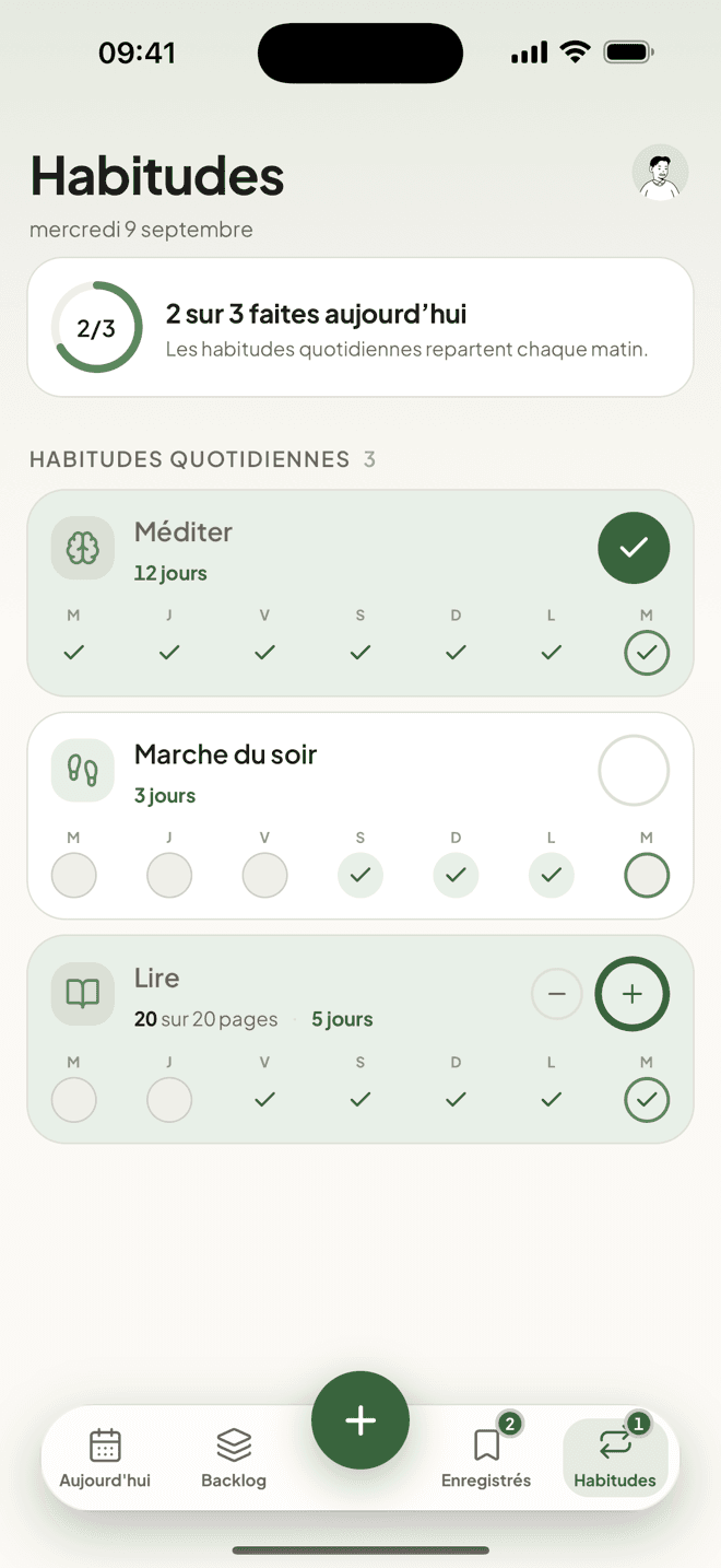 L’écran des habitudes de Taski avec des séries et de douces bandes de semaine