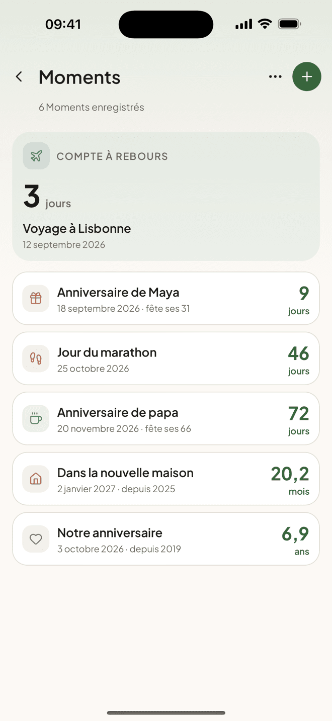 L’écran Moments de Taski avec un compte à rebours épinglé et les dates à venir