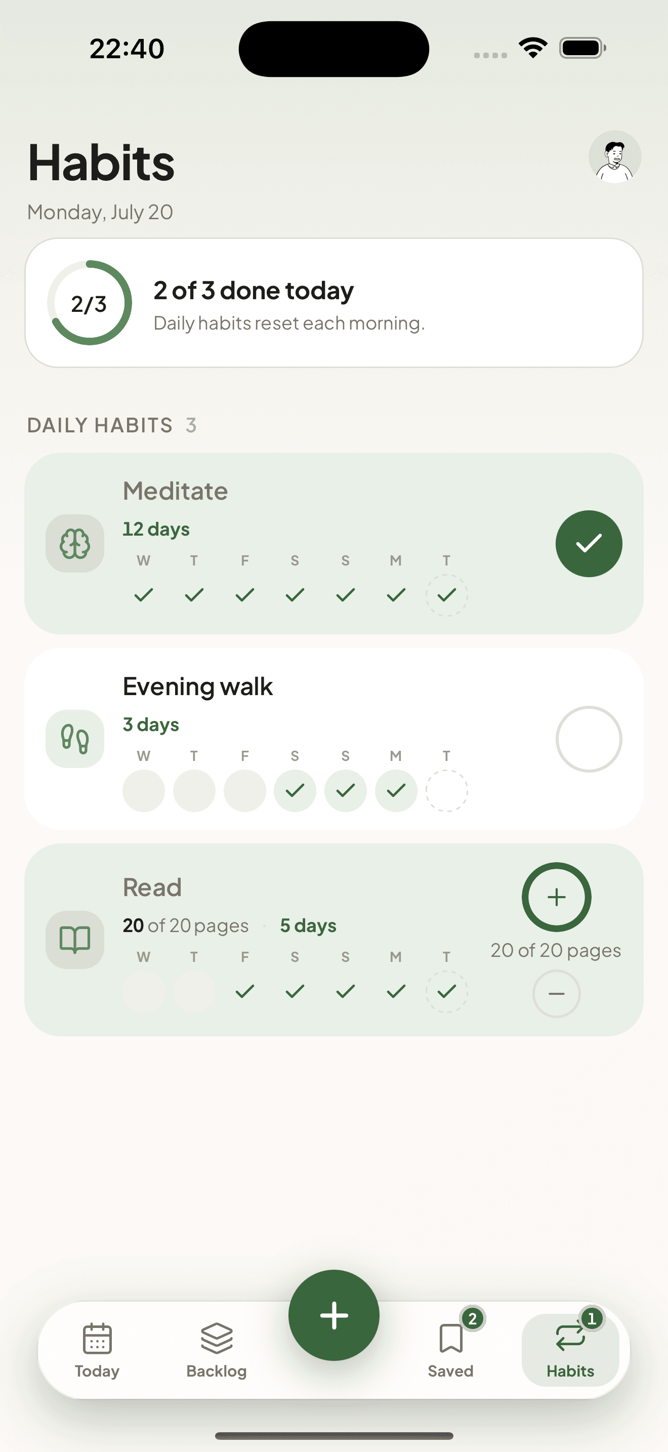 The Taski habits screen with streaks and gentle week strips