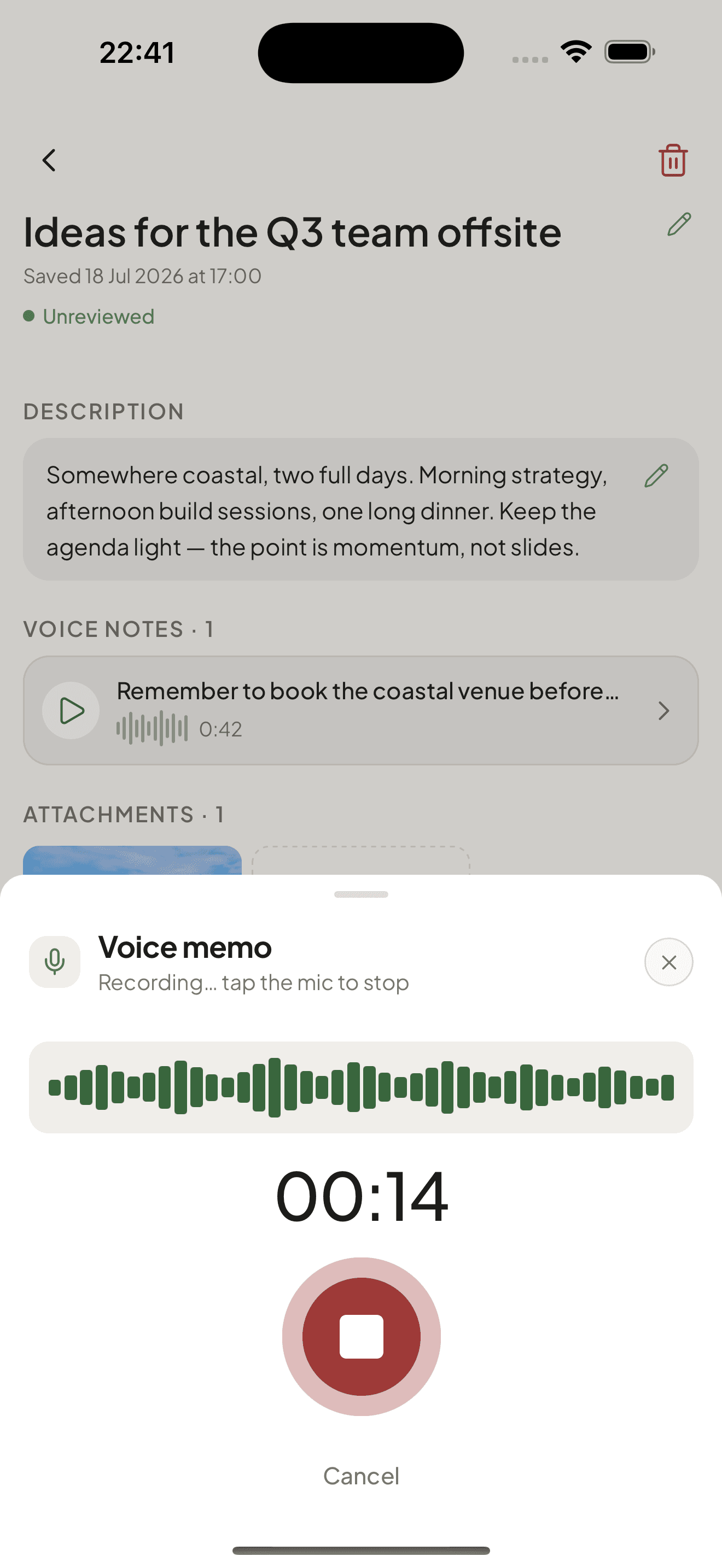 Recording a voice memo into a note