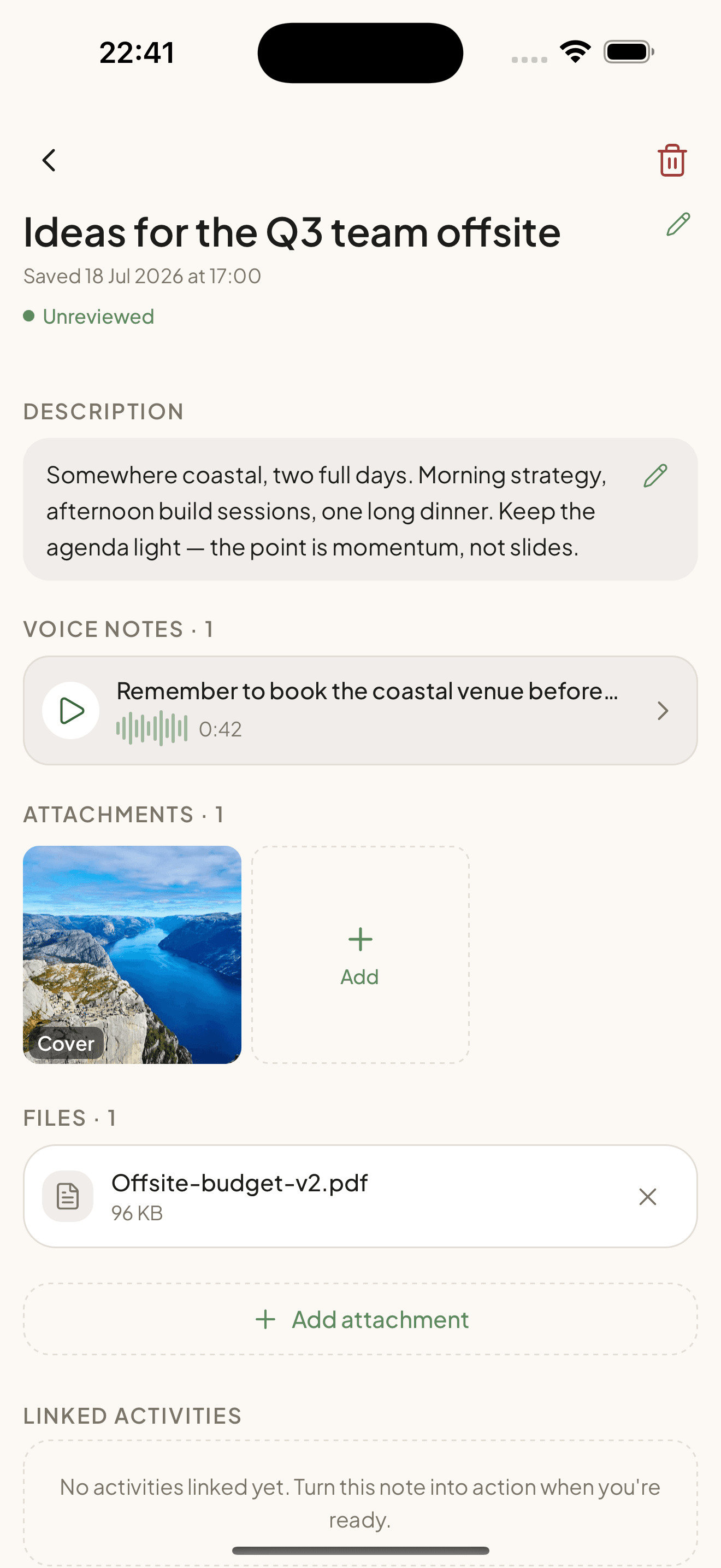 A Taski note with a cover photo, a voice memo, and an attached file