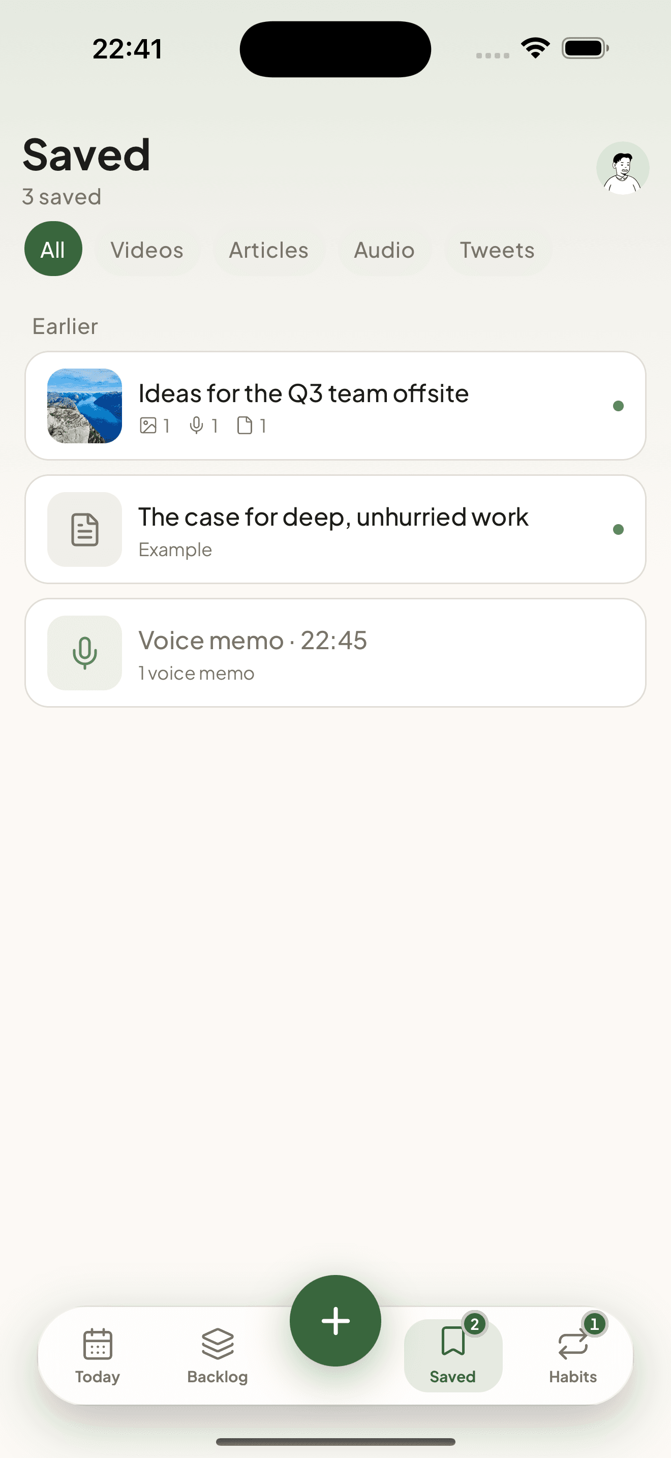 Saved items and notes in Taski