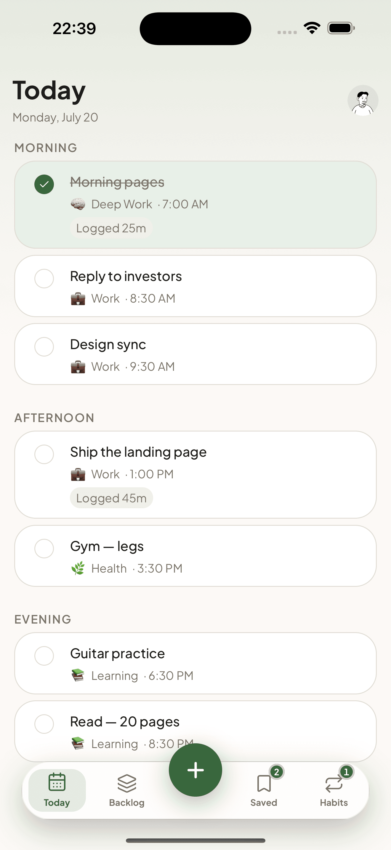 The Taski day view with morning, afternoon, and evening activities