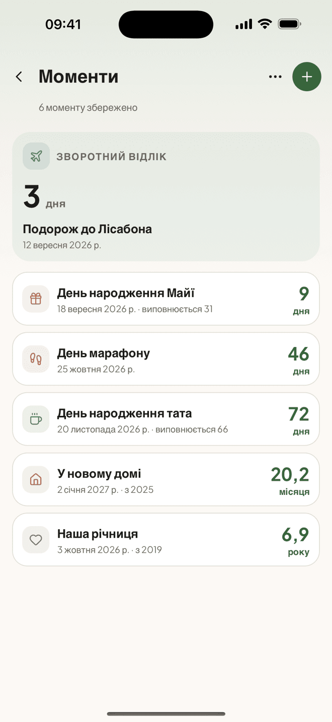 Екран «Моменти» в Taski із закріпленим відліком і найближчими датами